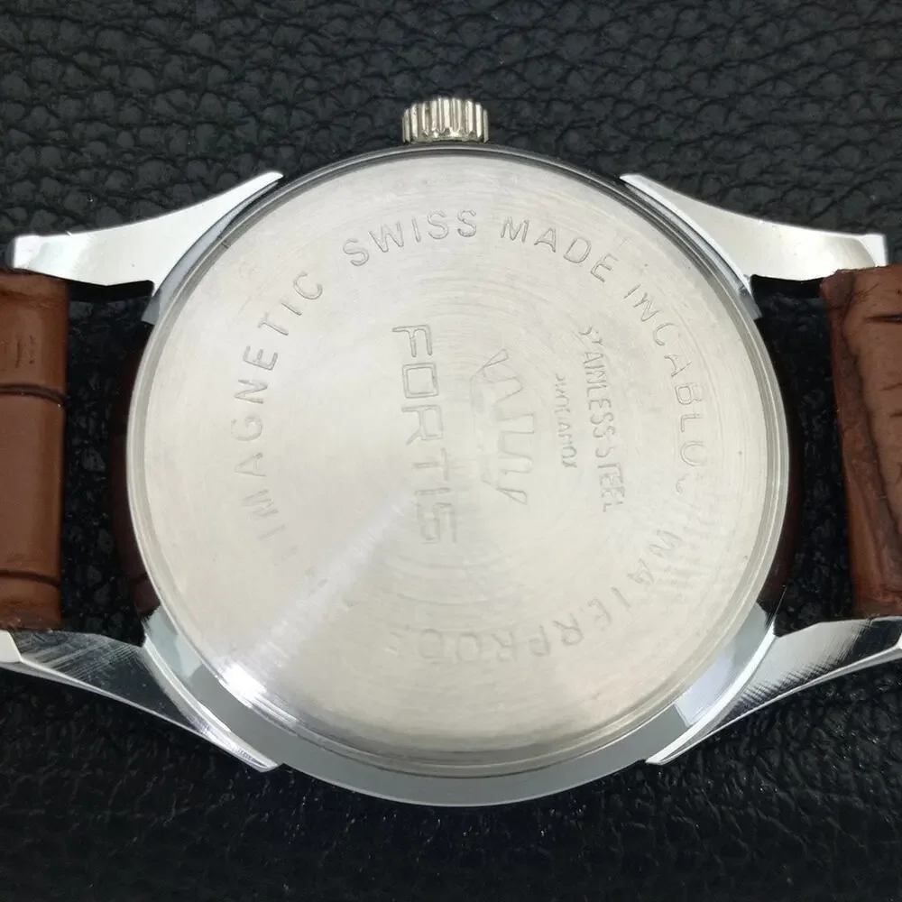 Vintage 1974 Fortis Manual Mens Silver Watch W/Leather Strap & Red accents